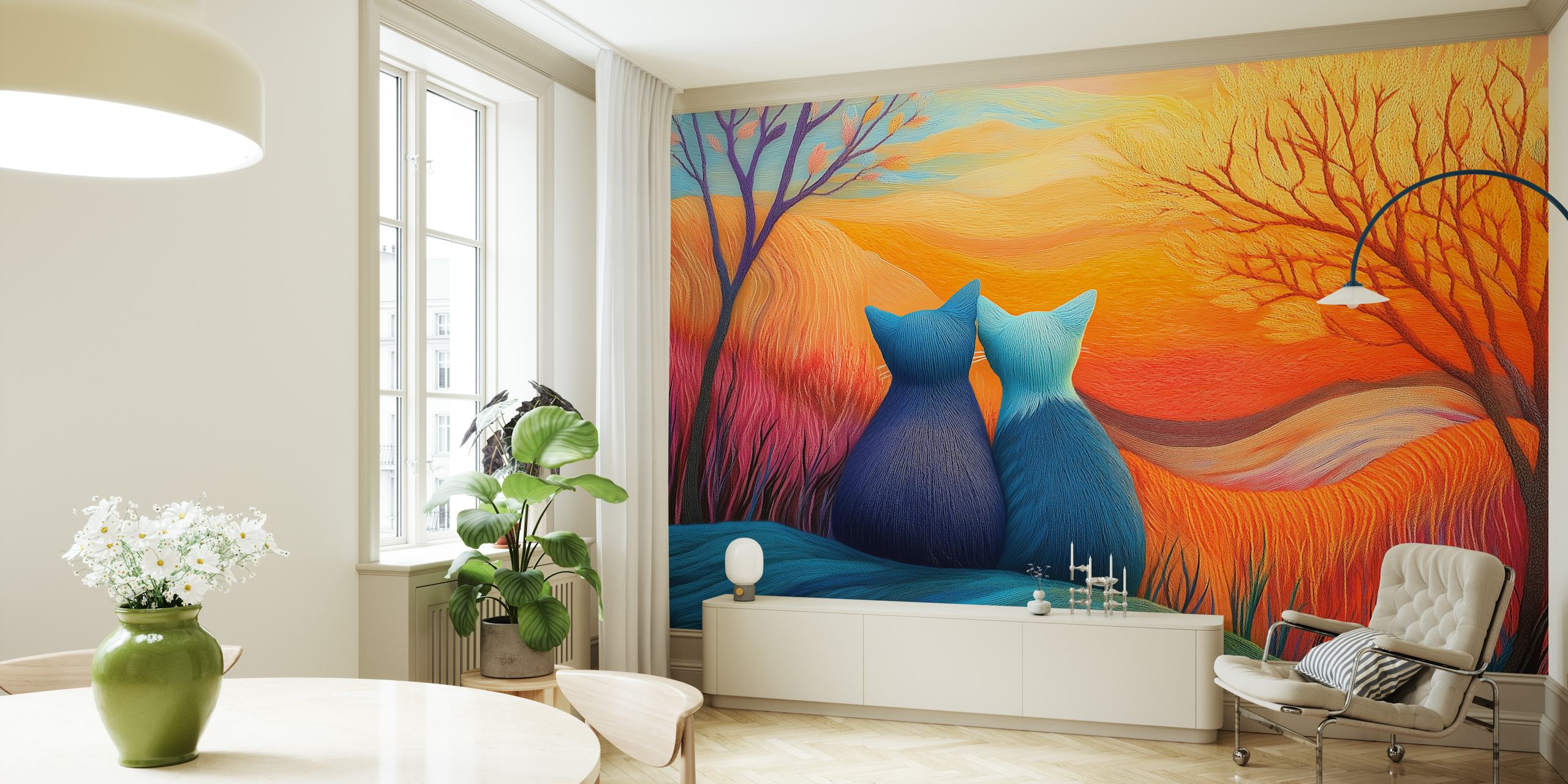 Sunset Cat Companions wallpaper in a room